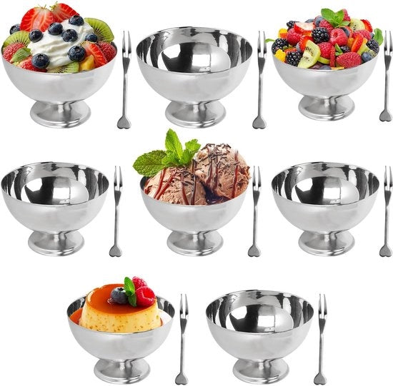 Set di Dessertiere da 4 pezzi in Acciaio Inossidabile - Riciclabile - Dessertiere con Forchetta - Adatto per Gelato/Sorbetto/Mousse - Dessertiere