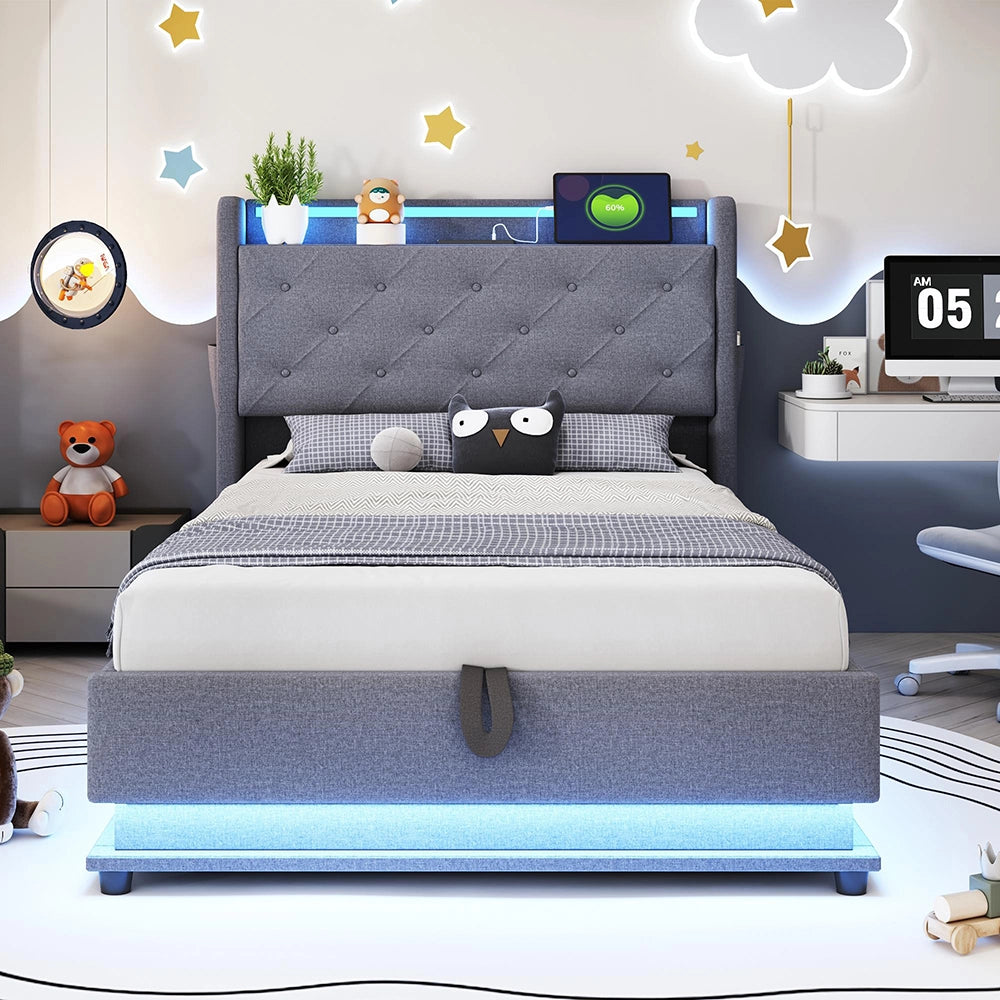 Letto bambino-Xylo-90x200 cm-LED RGB, USB, tasca telefono, lino grigio