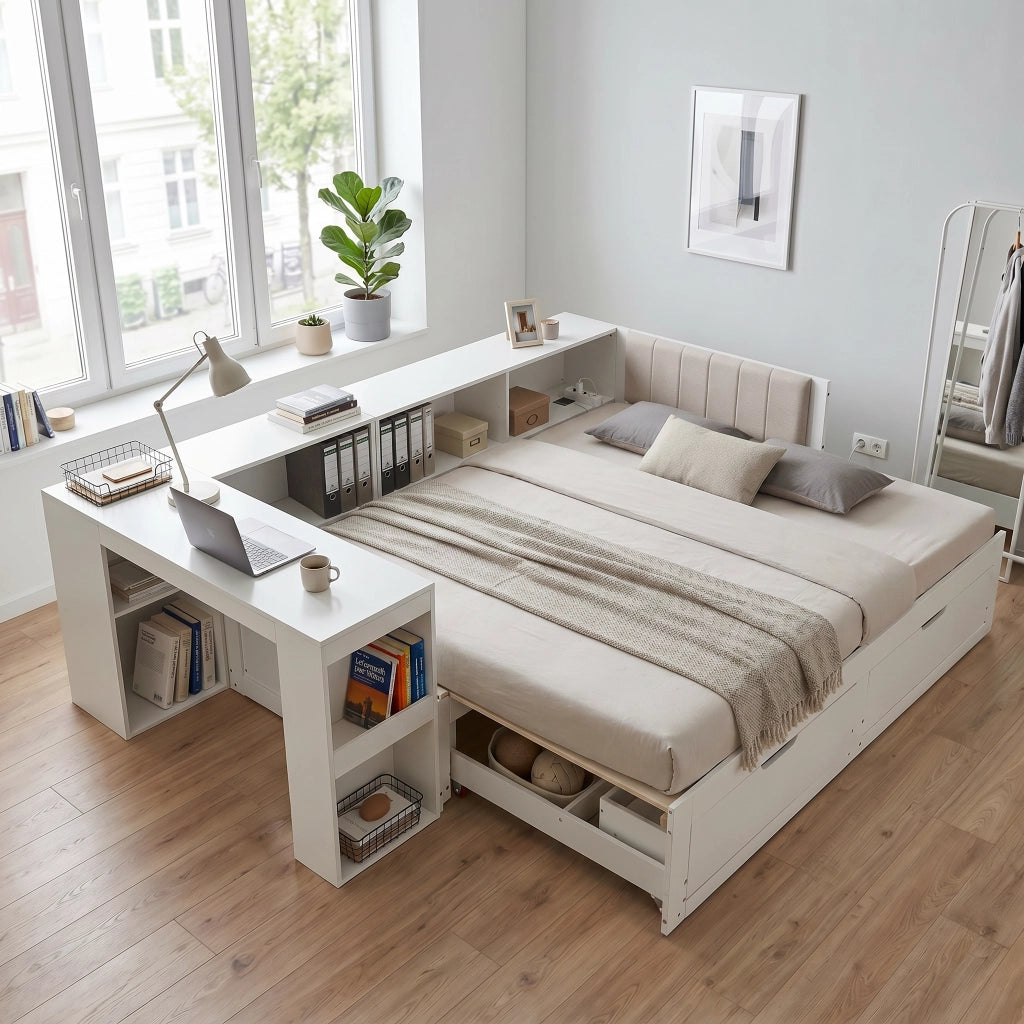 Letto combinato 90 × 200 cm estensibile con scrivania, presa elettrica EU, 2 cassetti, senza materasso, bianco