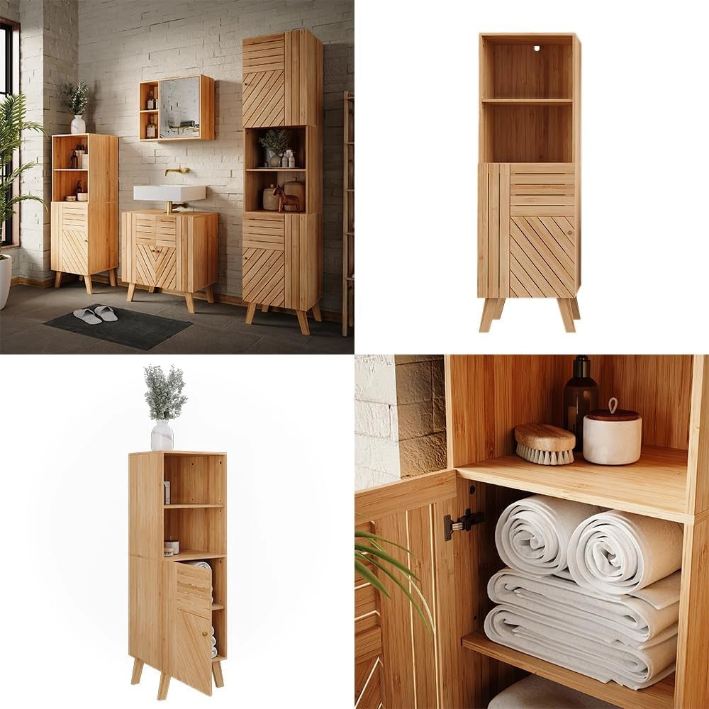 Mobiletto midi Lucie, Bambù, 40 x 124 cm, adatto per la conservazione salvaspazio di accessori da bagno