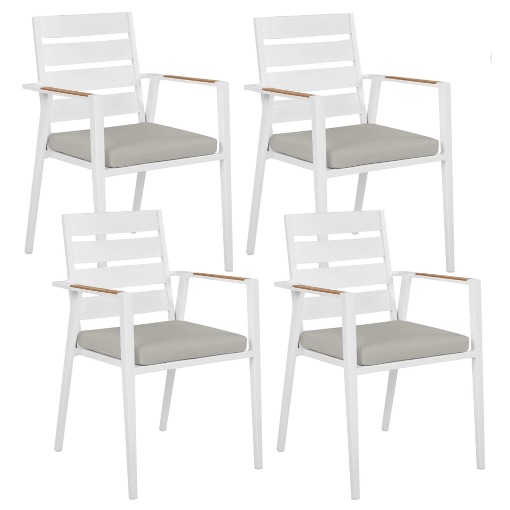 Set di 4 sedie da pranzo da giardino Struttura in alluminio bianco con cuscini di seduta grigi Schienale a doghe Design moderno