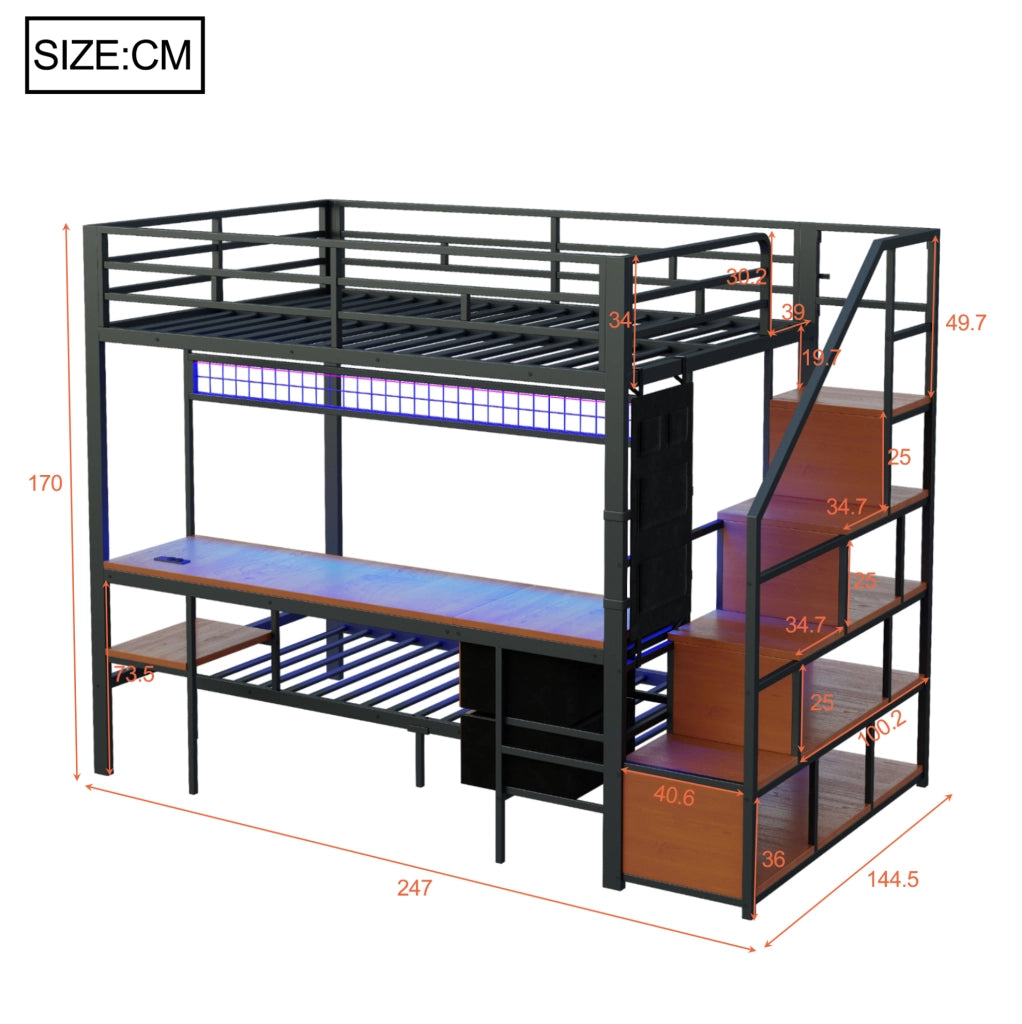 Letto a soppalco multifunzione 140x200 cm con scrivania; LED; prese; metallo e MDF; nero