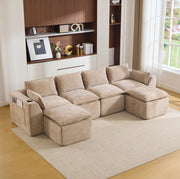 Divano modulare componibile in chenille color khaki con tasche laterali; 322 x 161 x 75 cm