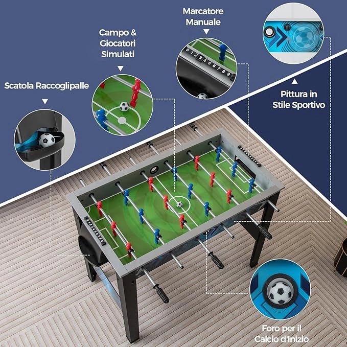 Calcio Balilla per Bambini e Adulti, Tavolo da Calcio con 2 Palloni, Manico Liscia, 18 Giocatori Realistici, Mini Calcetto con Versatile per Sala Giochi, Ufficio e Festa, 95 x 53,5 x 76,5 cm