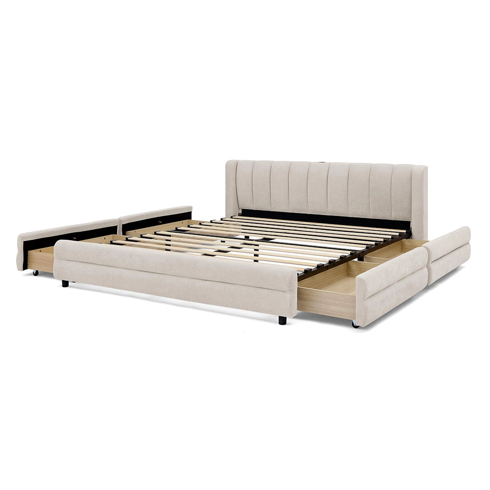 Letto matrimoniale con contenitore - Xylo - 140x200 cm - Beige - Porte USB tessuto morbido