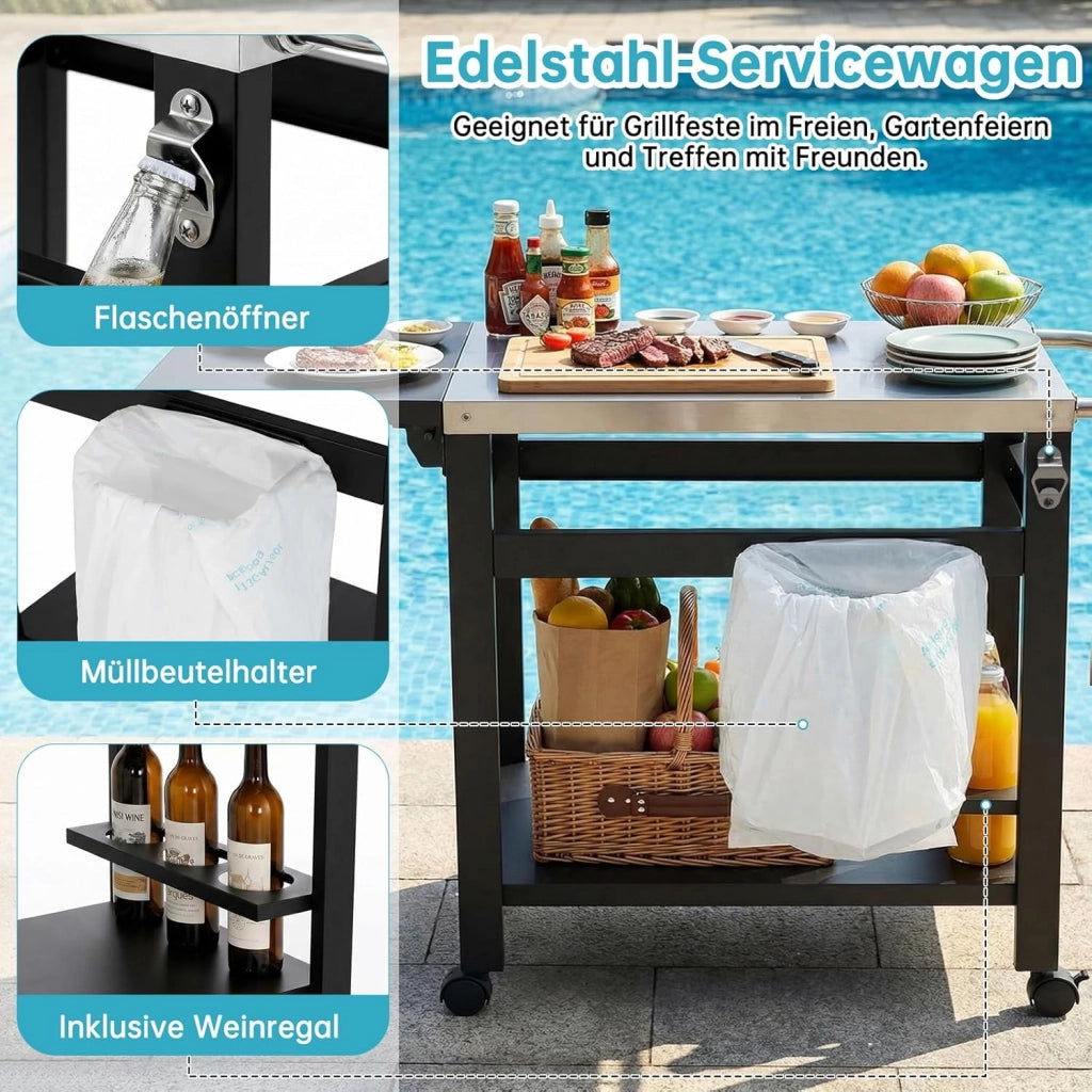 Carrello Barbecue per Esterni,Carrello da Pranzo Multifunzionale con Tavolo Laterale Pieghevole,Tavolo per Grigliare con Piano in Acciaio Inox,4 Ruote,Ganci e Portabottiglie,116x48.5x80.5 cm