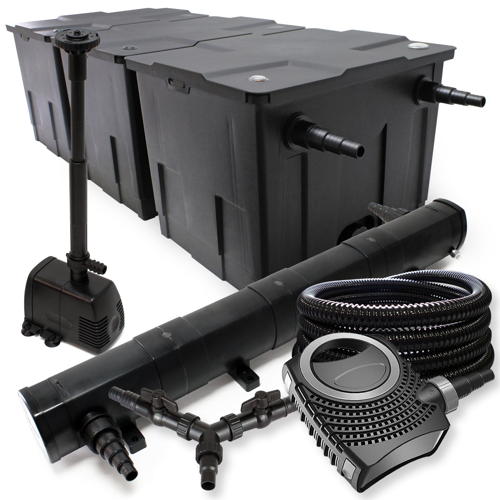 Set Filtro 90000l Chiarificatore laghetto 72W Pompa NEO10000 80W Tubo 25m Pompa da fontana