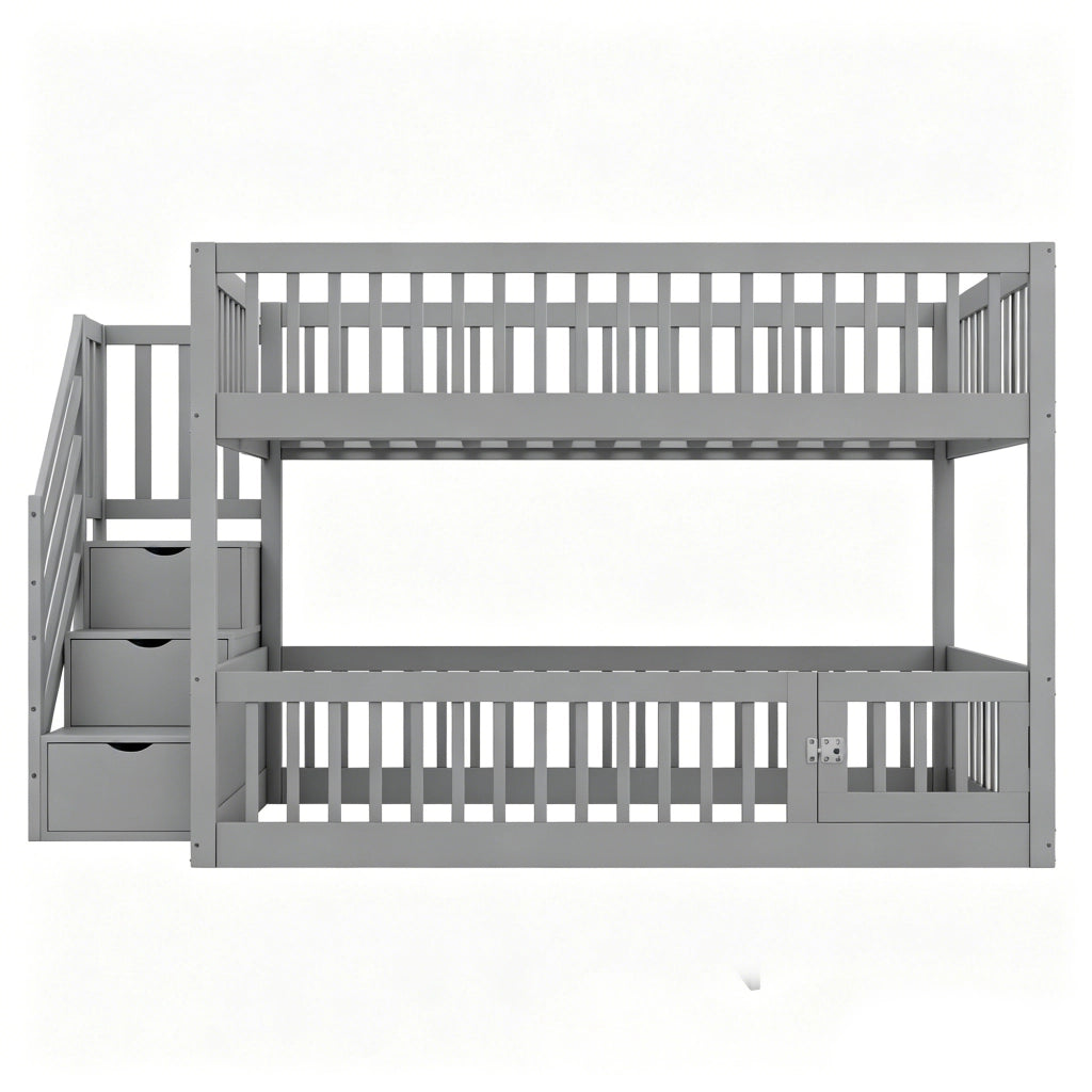 Letto a castello 140 × 200 cm con scala con cassetti e sportello inferiore, senza materasso, in legno massiccio, grigio