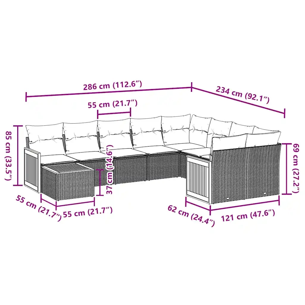 Set Divani da Giardino 10pz con Cuscini in Polyrattan Nerocod mxl 88335
