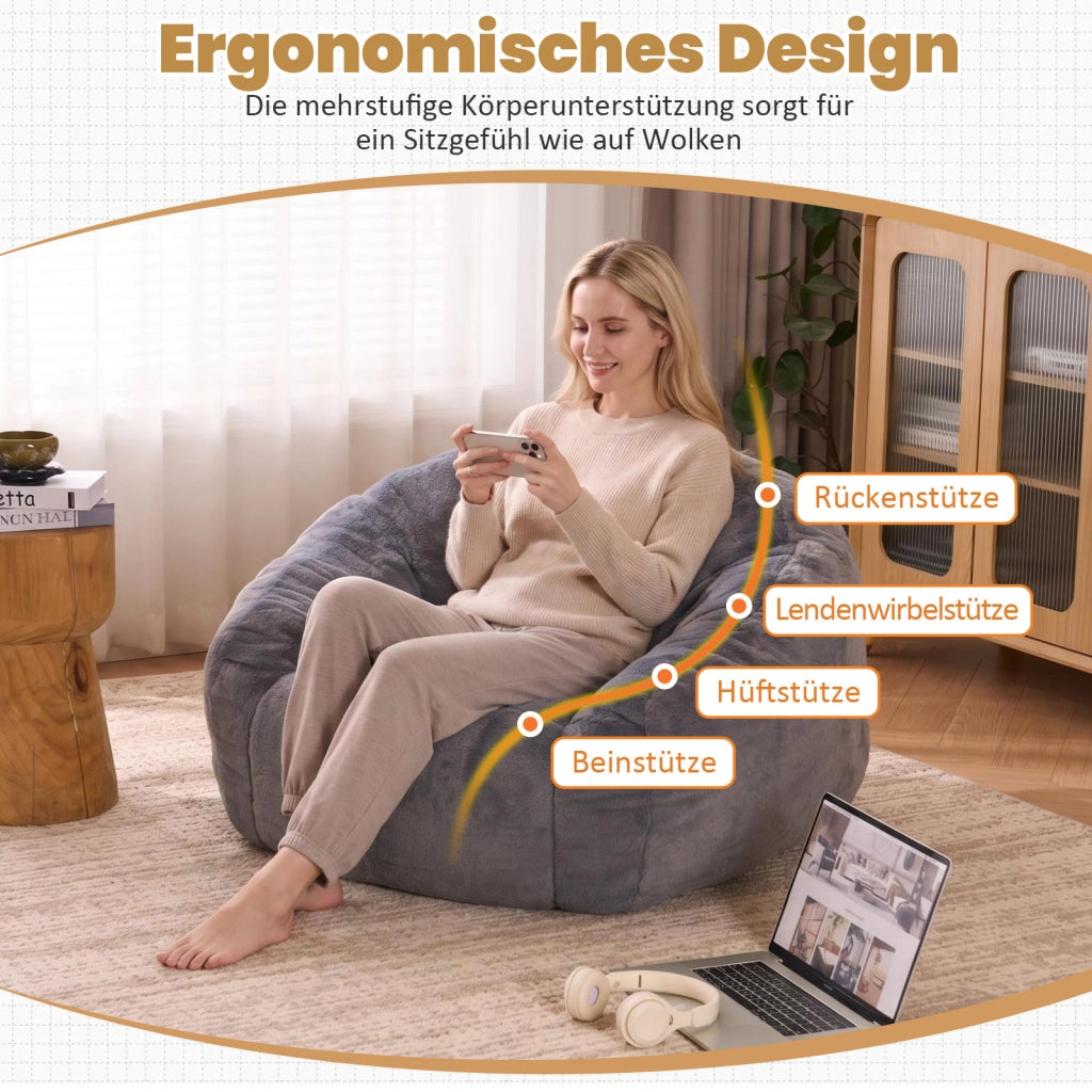 Poltrona pouf in peluche con schiuma memory; supporto lombare e piedini antiscivolo in poliestere grigio