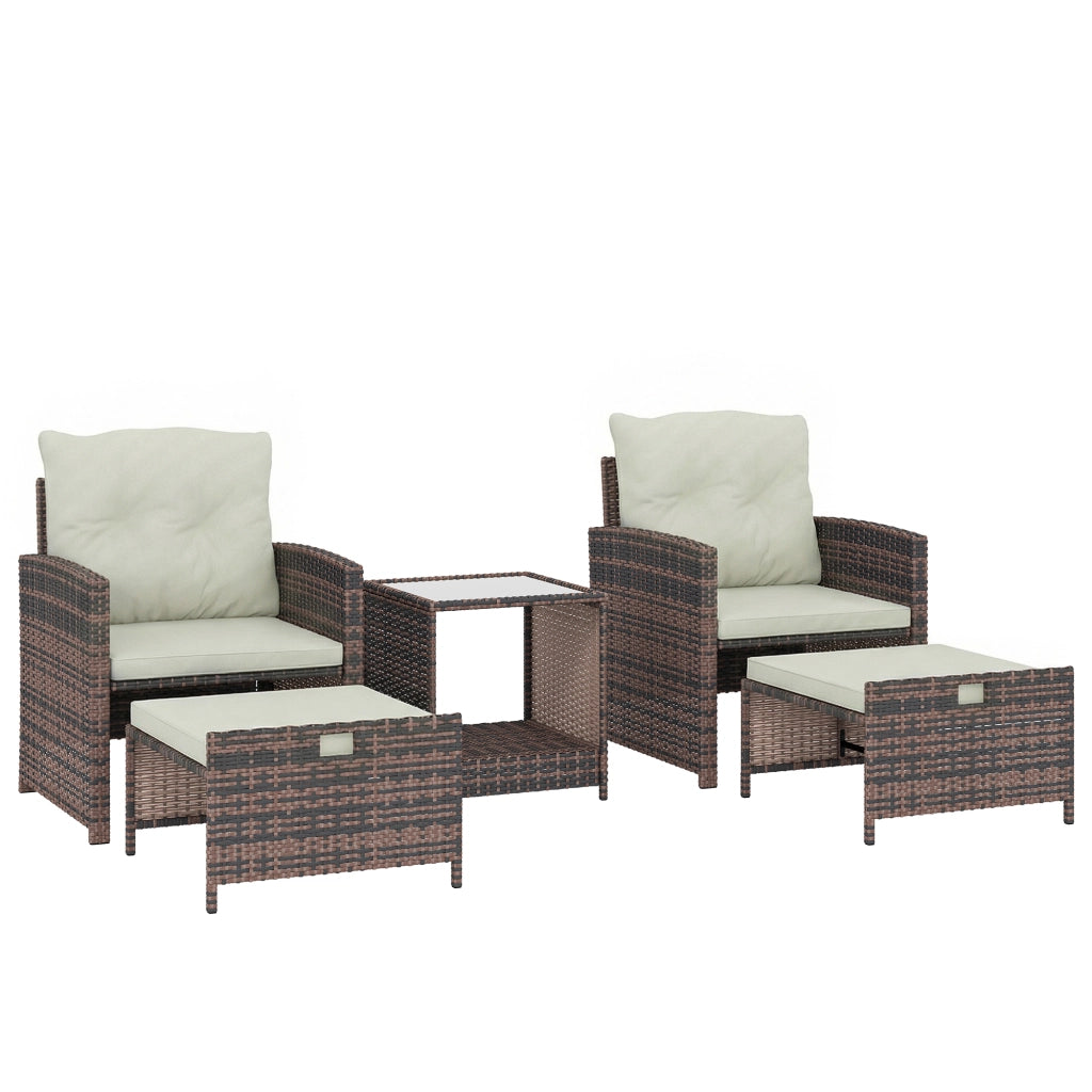 Set Salotto da Giardino con 2 Poltrone Tavolino e Poggiapiedi Salvaspazio in Rattan PE Marrone