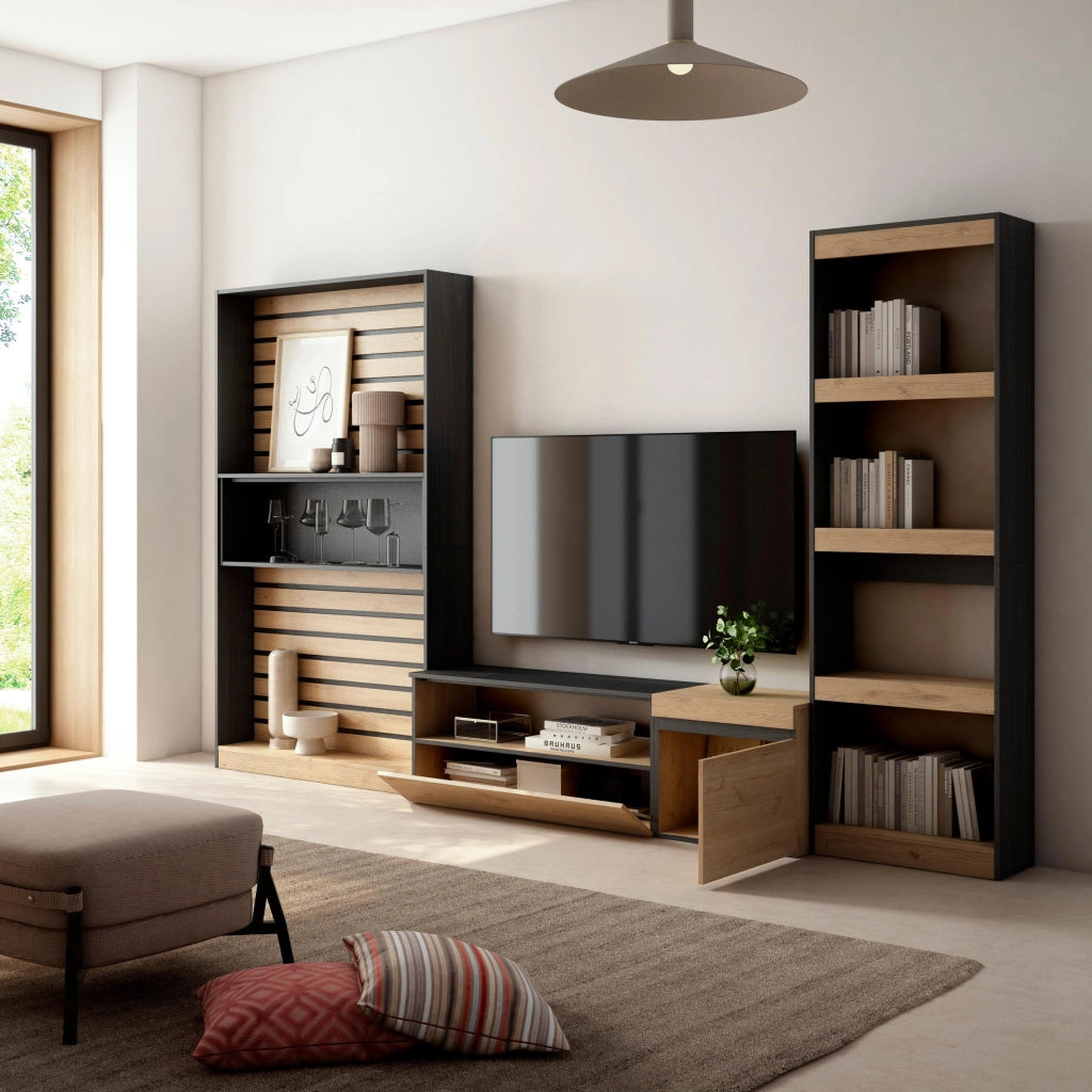Mobile TV, Soggiorno, 320x35x186cm, Set di mobili, colore Rovere e nero RF2589