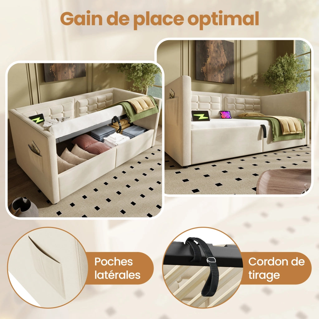 Letto contenitore singolo 90×200 cm con USB e Type-C; tasche laterali e schienale imbottito; senza materasso; beige