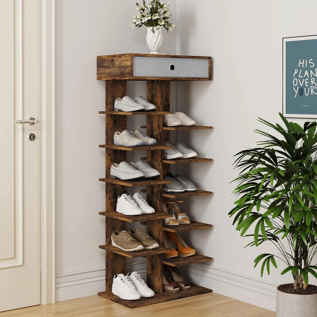 Scarpiera con cassetto, effetto legno, scarpiera con 12 ripiani, organizer per scarpe, per ingresso, corridoio, soggiorno, 49,5 x 118 x 30 cm