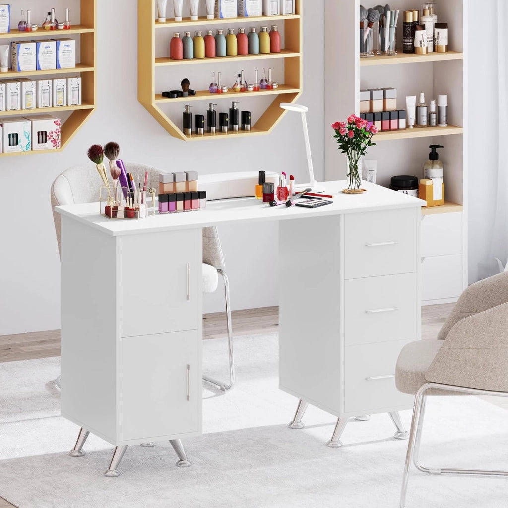 COSTWAY Tavolo per Manicure, Tavolo per Unghie con Cassetti, Cuscino Poggia Polsi e Gambe in Metallo, Stazione per Unghie Estetista Nail Art per Salone di Bellezza (Bianco)