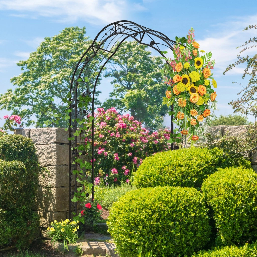 Arco da giardino 251,5cm con traliccio 2 mezzi archi, Traliccio da patio pergola in metallo per decorazioni Nero-Decorazioni da giardino