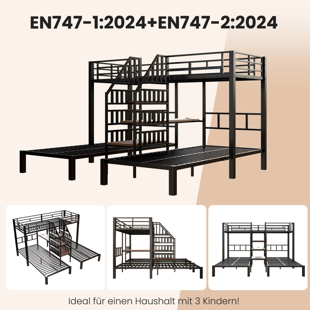 DESMIU Letto a castello 90 × 200 cm 3 posti con LED, scrivania, mensola e 2 porte USB e presa, senza materasso, nero