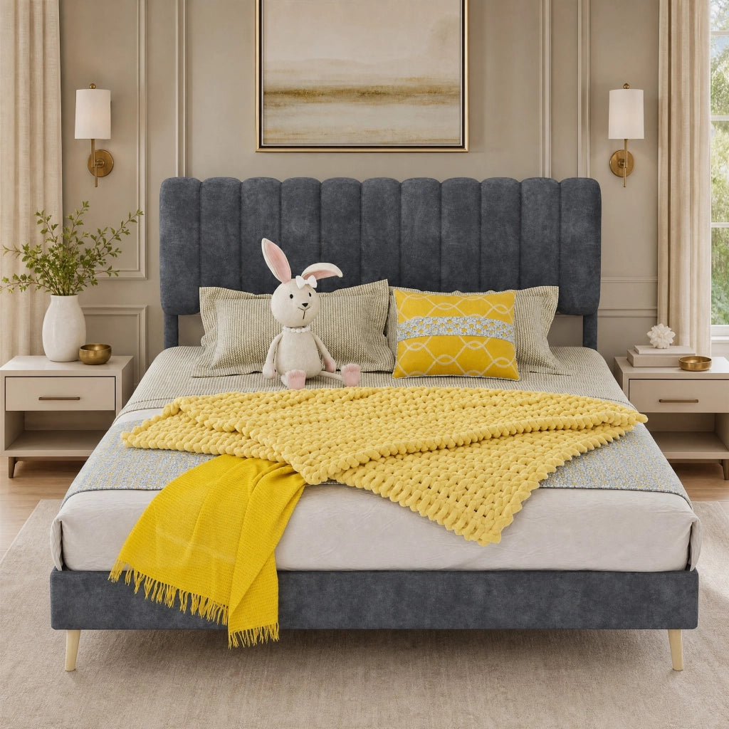 Letto imbottito 140x200 cm in tessuto e metallo; grigio