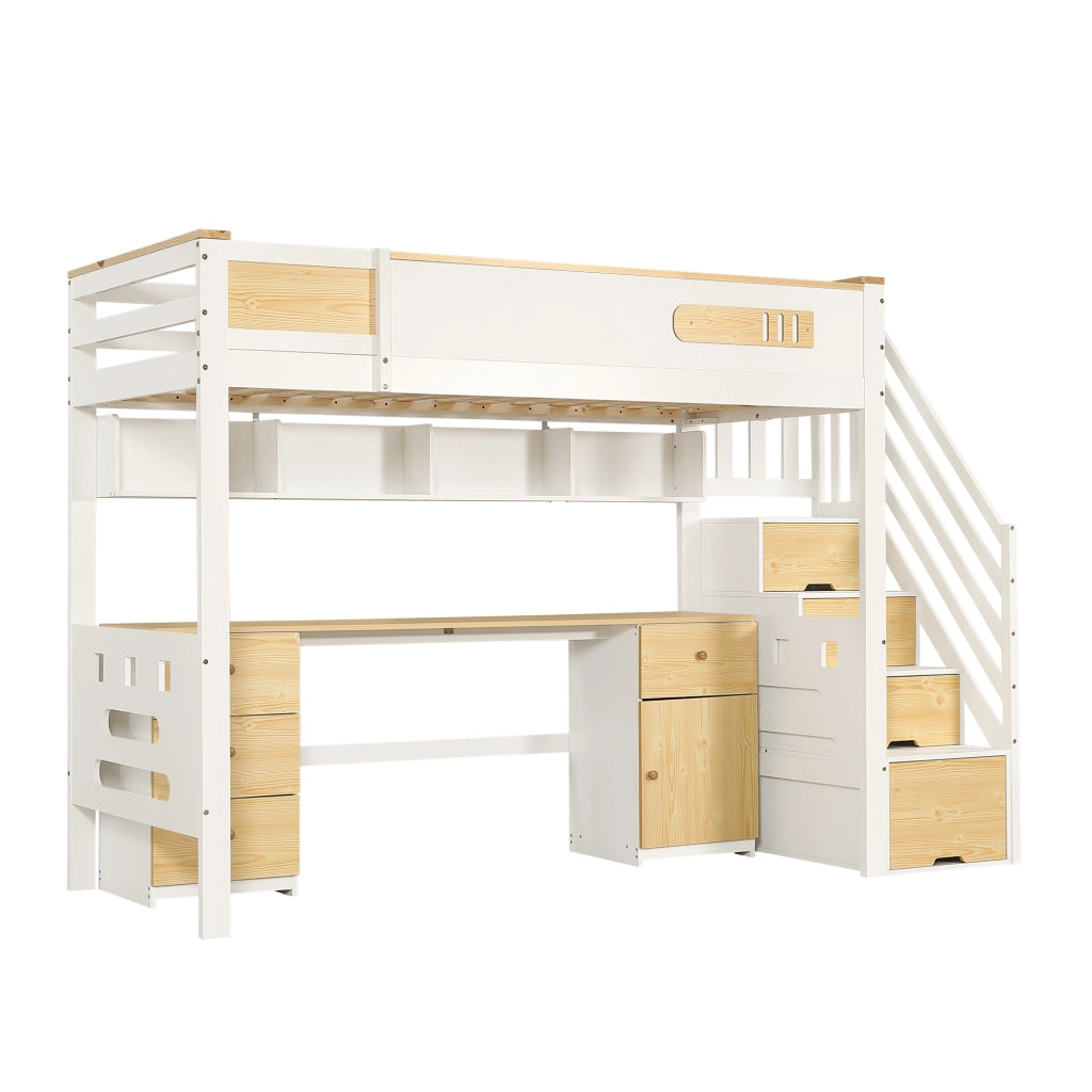Letto a Soppalco 90x200 cm - Scrivania; Cassetti e Scala Contenitore - Bianco