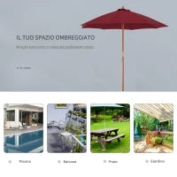 Ombrellone da Giardino 2.5x2.5 m con Tettuccio Antivento in Poliestere Rosso e Palo in Legno