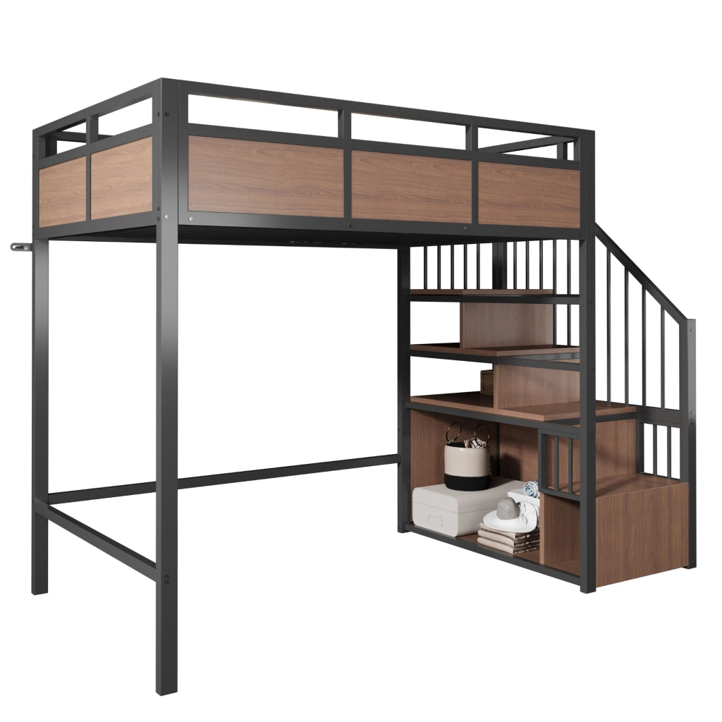 Letto a soppalco in metallo 90x200 cm con scala contenitore reversibile, LED e pannelli effetto legno, nero