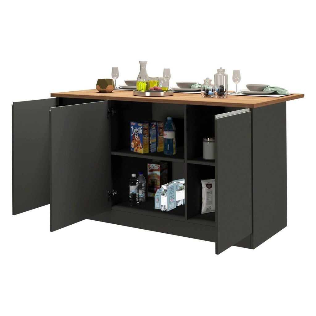 Isola da cucina Tartaro, Tavolo ausiliario portaoggetti, Mobile da cucina a 3 ante, 100% Made in Italy, 155x90h90 cm, Antracite e Rovere