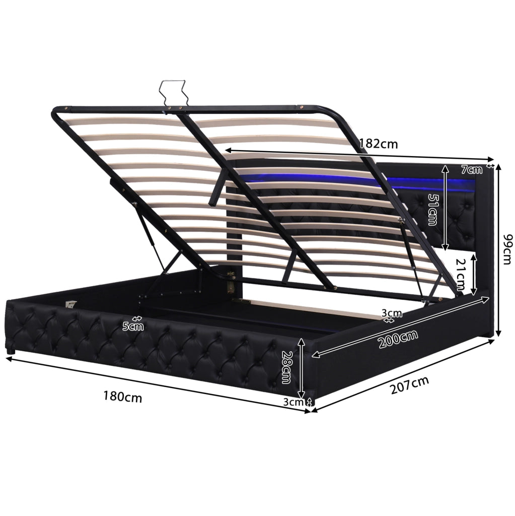 Letto matrimoniale imbottito con contenitore 180x200 cm in PU nero; con LED e rete a doghe