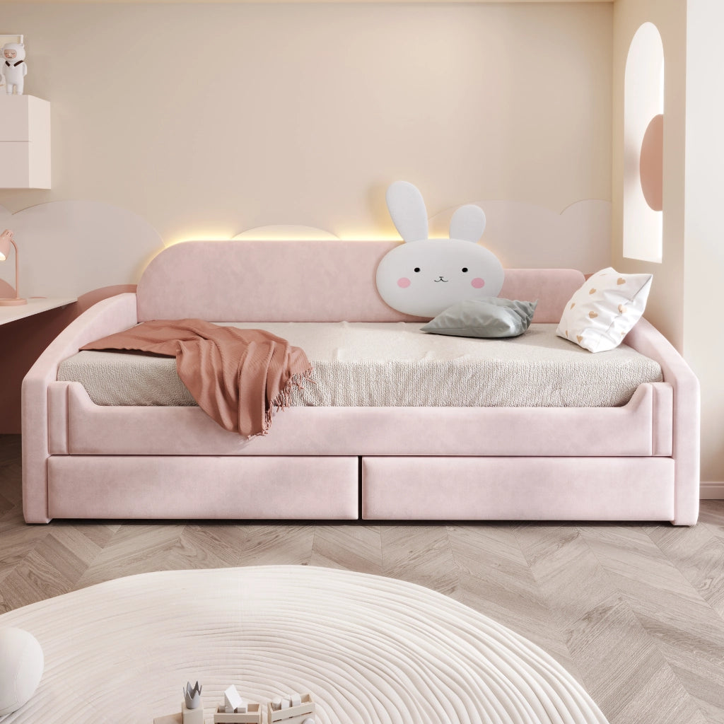 DESMIU Letto per bambini 90 × 200 cm con 2 cassetti, LED e cuscino coniglio, senza materasso, in velluto, rosa