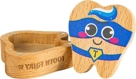 Box di ricordo per denti in legno con magneti - Scatola per primi denti in forma di dente - Souvenir per denti persi (maschera per gli occhi blu)