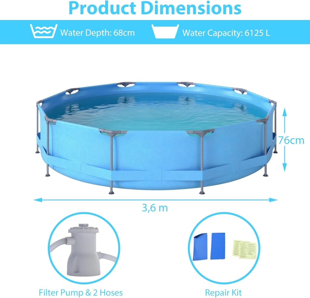 Piscina Fuori Terra, Piscina da Esterno Rotonda Ø360 X 76 CM, 6125L, Struttura in Metallo, PVC Resistente, con Pompa e Filtro, Blu