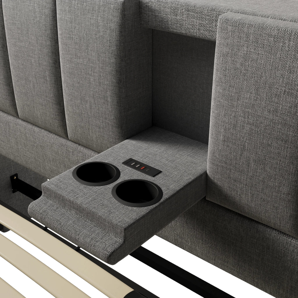 Letto imbottito 160x200 cm grigio con materasso e ricarica USB