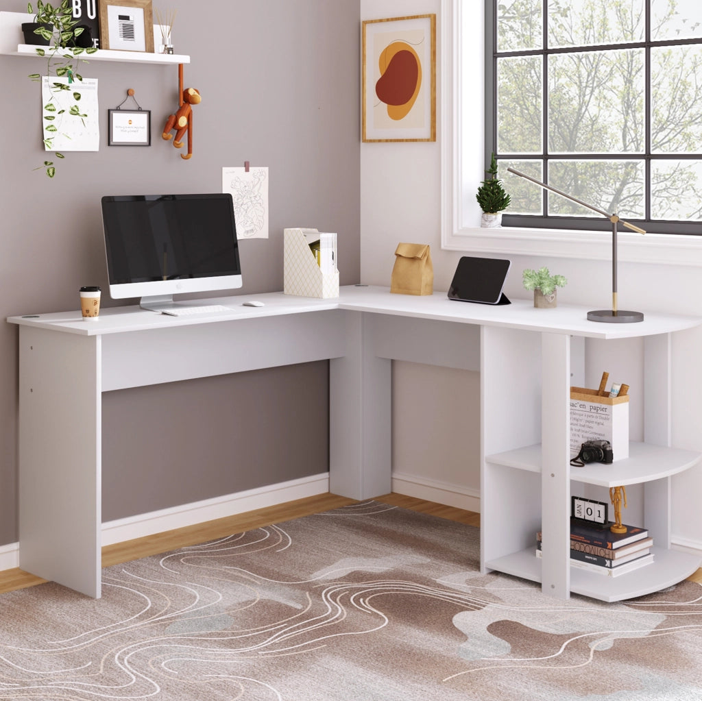 Scrivania angolare a L bianca 140 x 140 cm con ripiano a 2 livelli