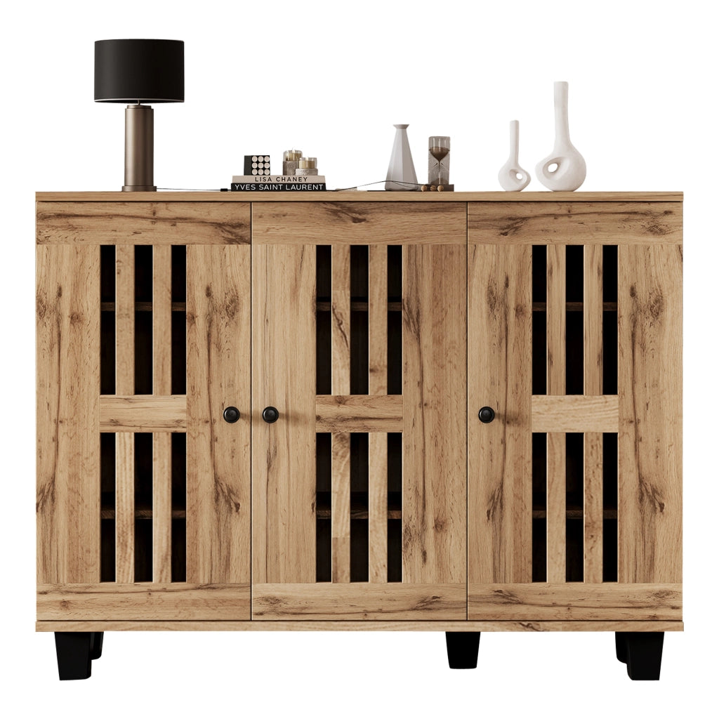 Credenza con 3 Ante a Listelli; 8 Vani e Piano d??Appoggio; Stile Naturale; in Pannelli di Particelle; 120??32??92 cm