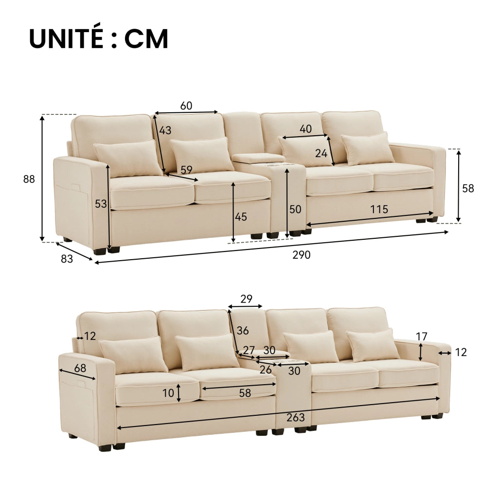 Divano Dritto 4 Posti con Consolle; 2 Portabicchieri e 2 Porte USB; Cuscini di Supporto; in Lino Beige