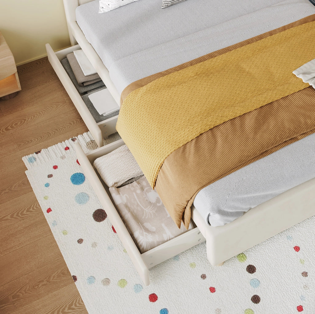 Letto per bambini 140x200 cm imbottito beige con 4 cassetti e testiera a casetta HAVRYA