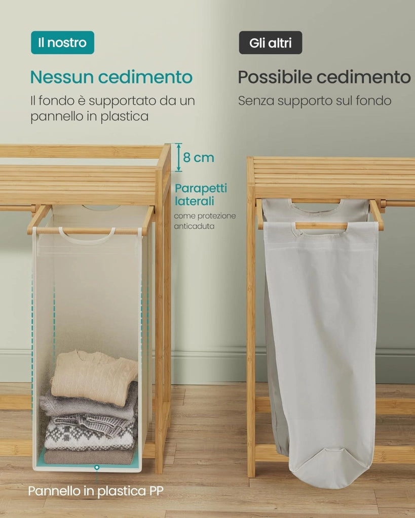 SONGMICS Cesto Portabiancheria a 2 Scomparti, Cesto Biancheria Sporca in Bambù 100 L, Porta Biancheria con Piano, Tasche Laterali, 2 x 50 L, 63 x 33 x 78 cm cm, Bianco Crema RLH100W01
