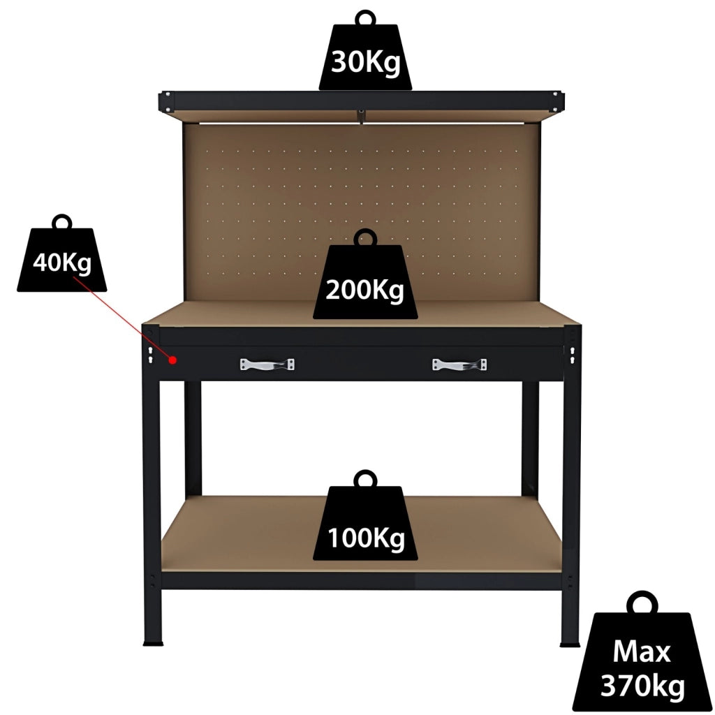 Banco Tavolo Da Lavoro A 3 Livelli Con Cassetto E Parete Pannello Forato Porta Attrezzi Utensili Portata Fino A 370 Kg Ideale Per Garage Officina Cantina Capannone Magazzino 120 X 60 Cm Nero
