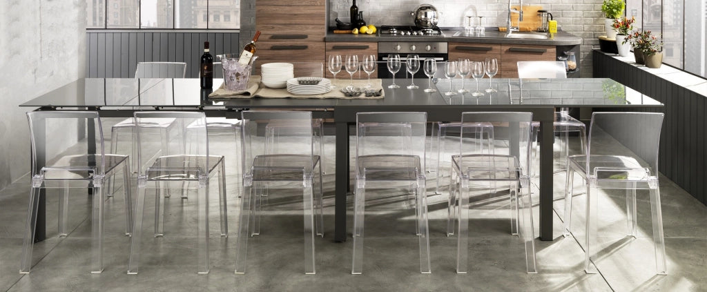 Tavolo allungabile in vetro temprato grigio cm. H.75 x P.83 x L.120