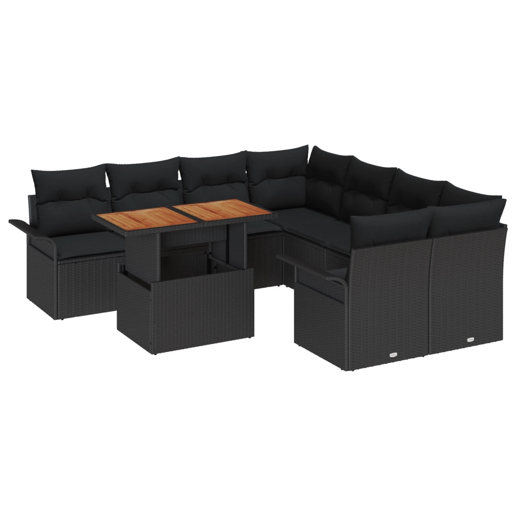 Set da Giardino 9 Pezzi con Cuscini Nero Rattan Poliacetato