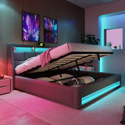 Letto imbottito contenitore 140x200 cm con USB; LED e materasso; grigio