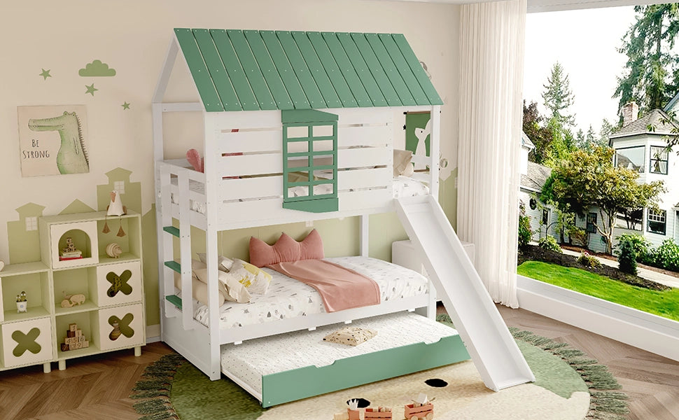 DESMIU Letto a castello casetta 90 × 200 cm 2 posti con scivolo e letto estraibile senza materasso in MDF bianco verde
