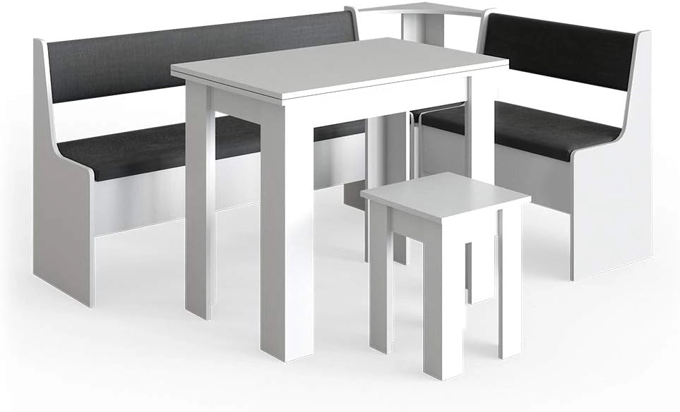Gruppo panca ad angolo Roman, Bianco, 180 x 120 cm con tavolo, adatto per il posizionamento ad angolo in cucine e sale da pranzo