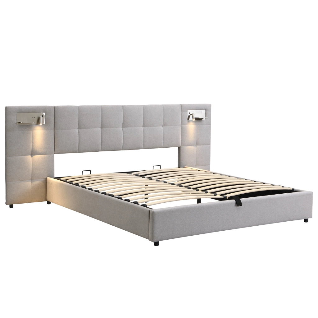 Letto matrimoniale imbottito 180x200 cm con sollevamento idraulico; USB; ricarica wireless e luce; grigio