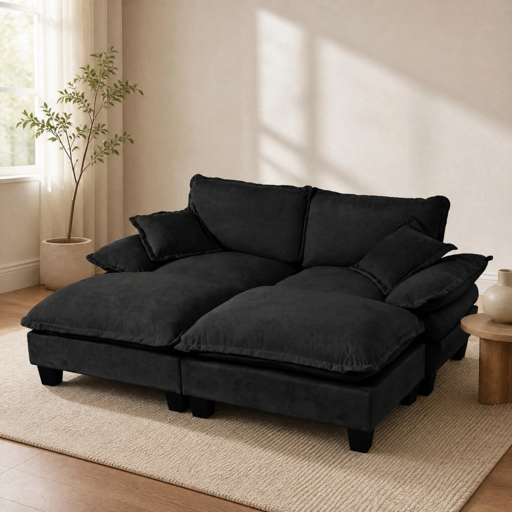 Divano Angolare Modulare 2 Pouf 2 Cuscini in Chenille Nero 194 × 151 × 90 cm