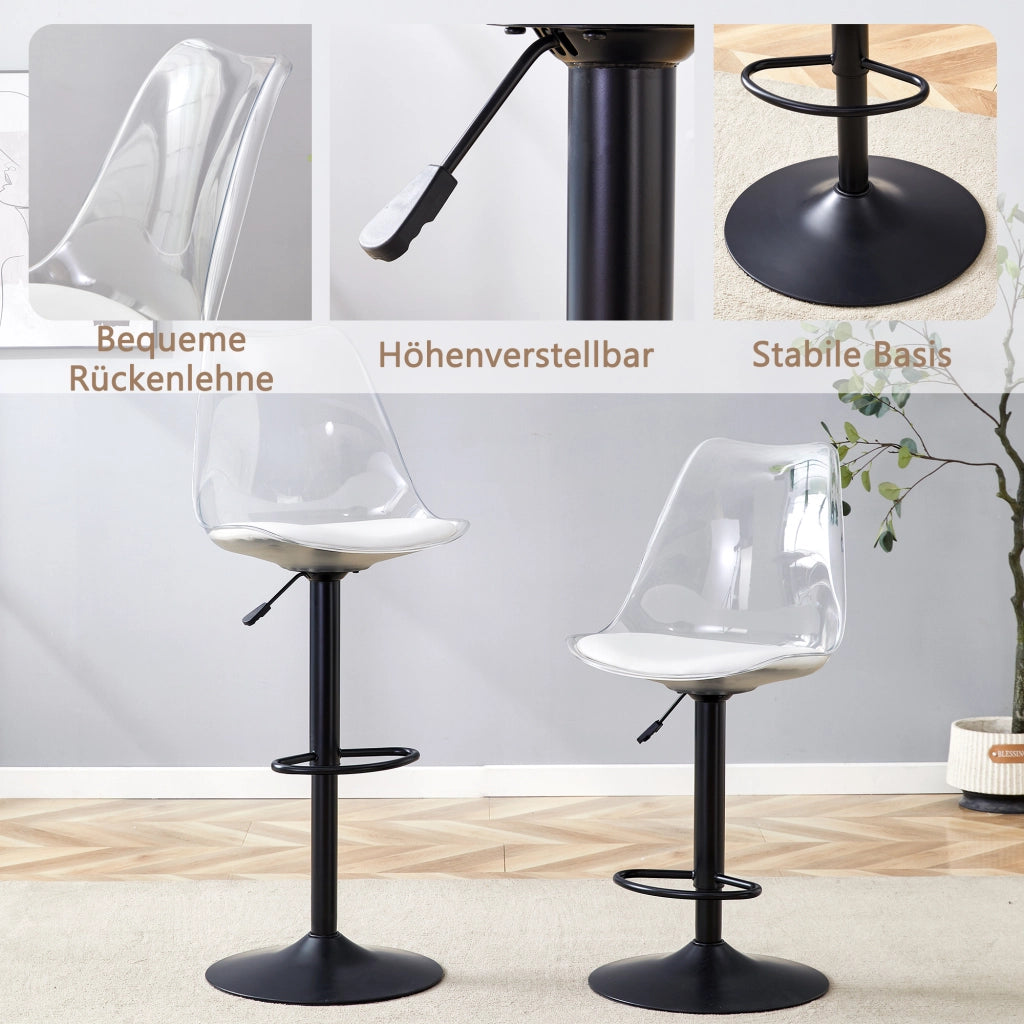 Sgabello da bar girevole con altezza regolabile e schienale trasparente in plastica e metallo nero bianco