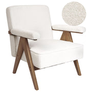 Poltrona Bianco Poliestere Tessuto Boucle Rivestimento Design Retrò Struttura in legno Braccioli Soggiorno