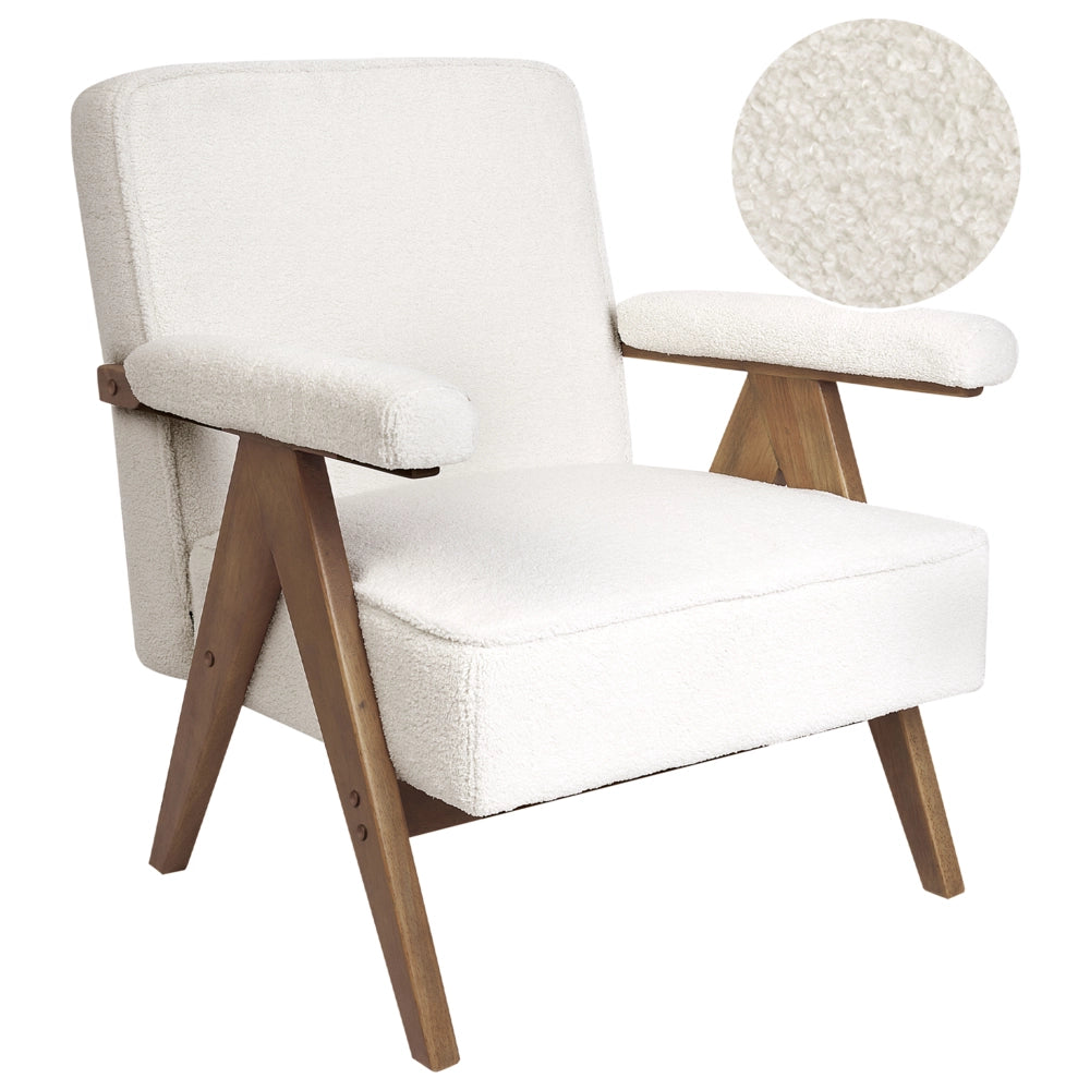 Poltrona Bianco Poliestere Tessuto Boucle Rivestimento Design Retrò Struttura in legno Braccioli Soggiorno