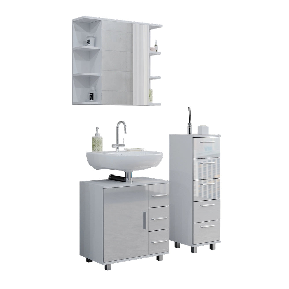 Vicco Set mobili bagno Bianco lucido 3 parti, con armadio midi