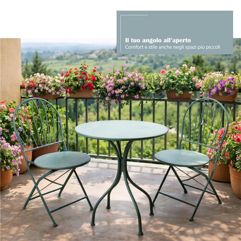 SET DA GIARDINO CON 1 TAVOLO E DUE SEDIE IN METALLO COLORE VERDE