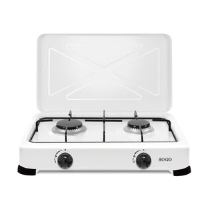 SOGO Fornello a Gas 2 Fuochi – Portatile, per Uso Esterno, GPL, 3.35 kW, Bianco Smaltato